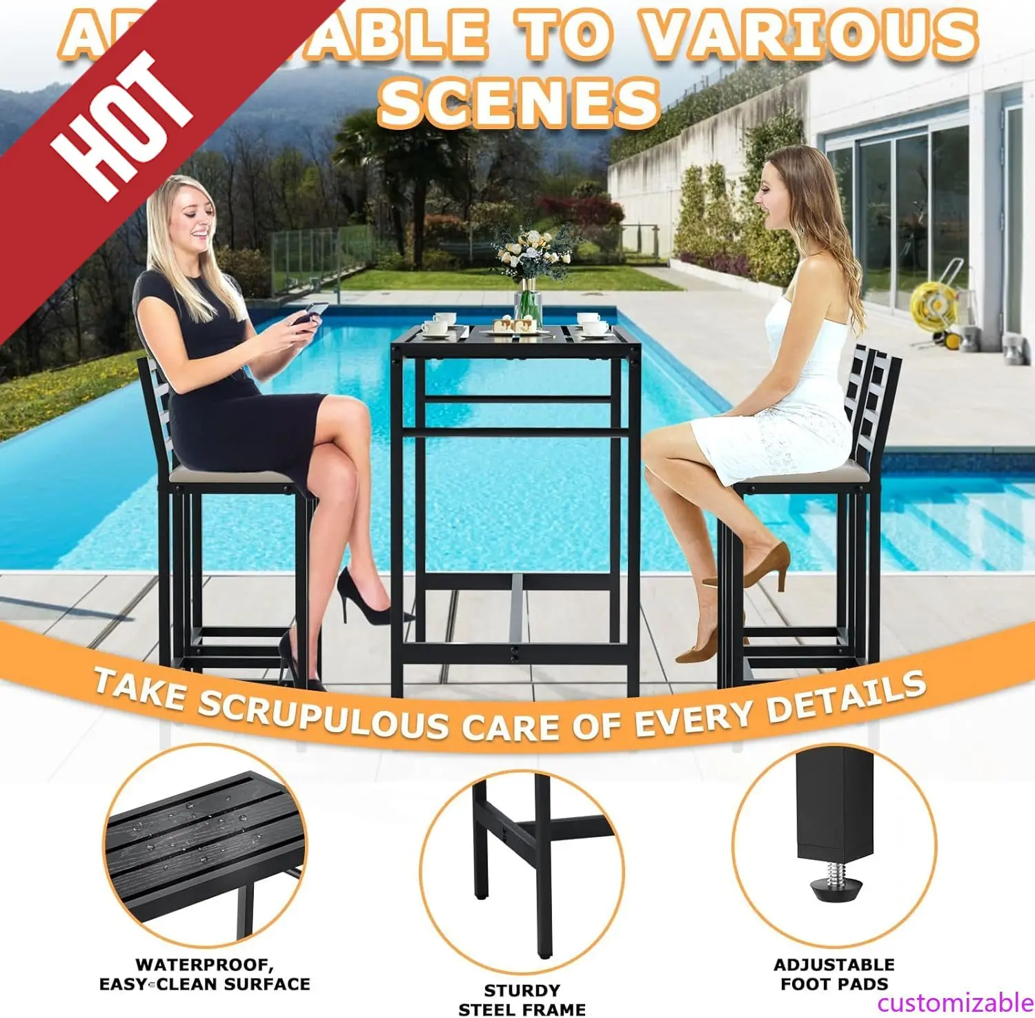 Customizable 5 Piece Outdoor Patio Bar Set,Height High Top Bar Table Patio Bar Set, For Poolside, Balcony, Backyard, Porch