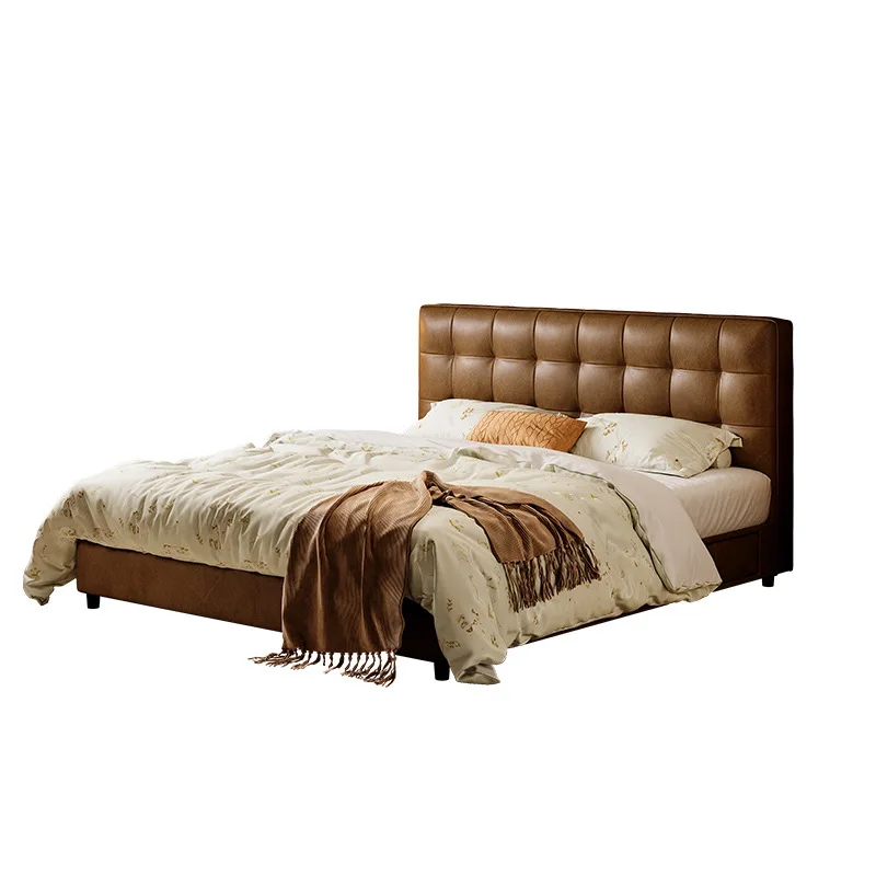 

French retro oil wax leather bed light luxury master bedroom antique double bed storage with drawers brown leather art bed