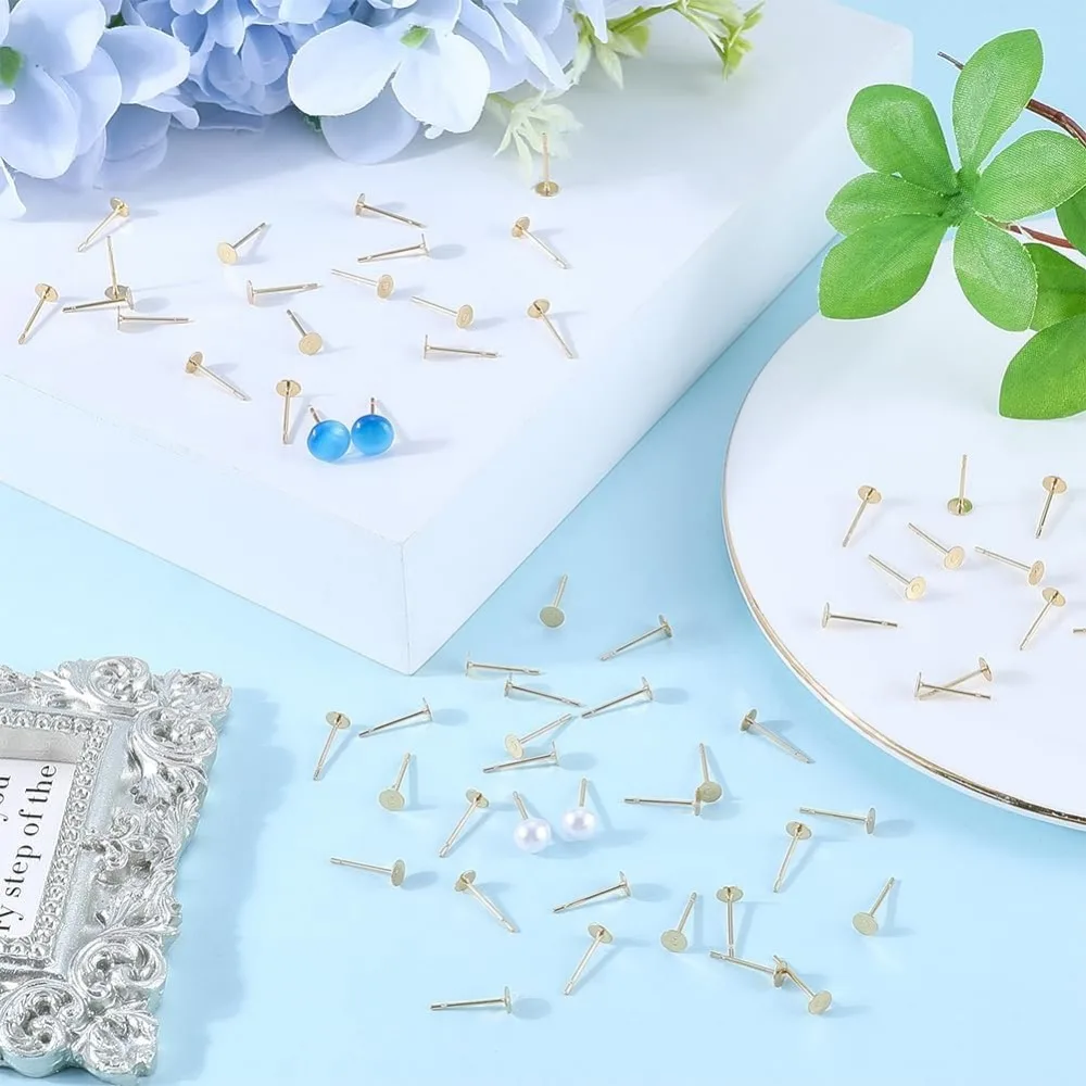 200 buah anting-anting datar berlapis emas 24K asli tiang anting-anting kancing baja tahan karat temuan anting-anting bundar kosong pin telinga baki kecil