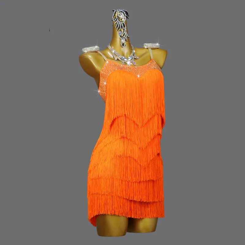 Vestido de baile latino naranja con borlas para mujer, ropa de práctica de salón de baile sexual, falda de escenario, ropa de noche, disfraz de actuación para mujer, novedad de 2024