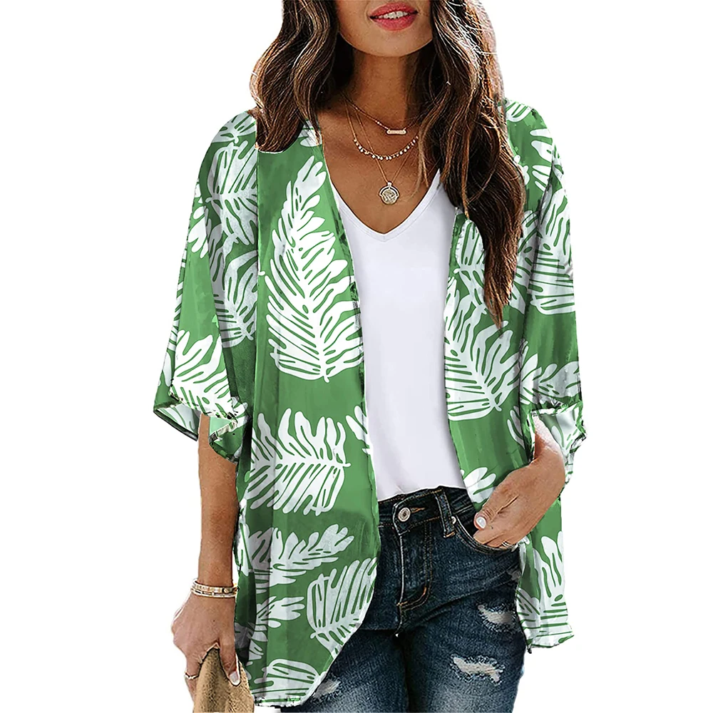 Women Summer Long Flowy Kimono Cardigans Boho Chiffon Floral Beach Cover Micro Bikinis Female Bathing Suit Top Short Sleeve