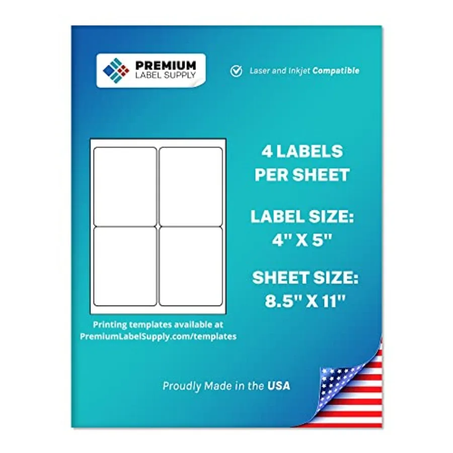

White Sticker Shipping Labels 4" x 5" Laser/Inkjet Compatible 4 per Sheet 500 Sheets - 2 000 Total Adhesive Labels