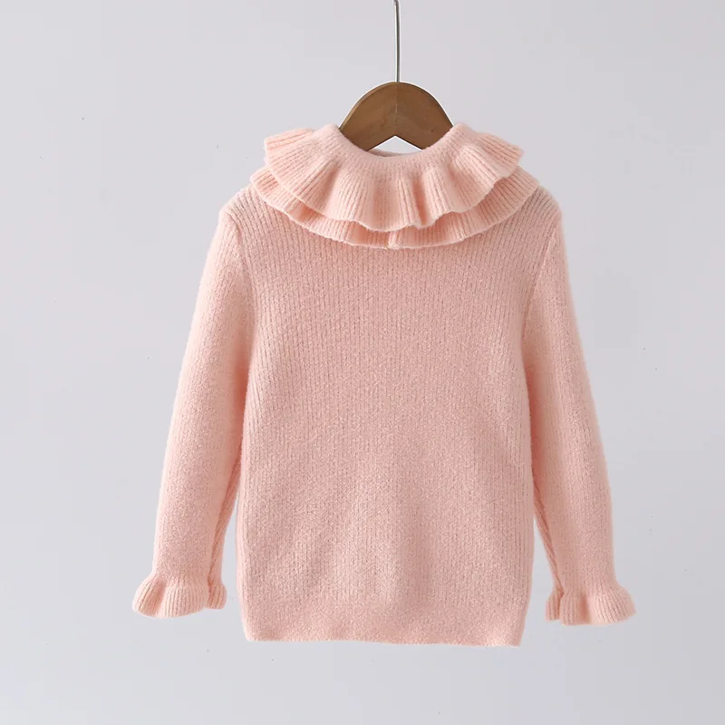 New Brand Designer Double Ruffle Collar Girls Knit Sweater Nice Flared Cuffs Long Sleeve Solid Girls Children Base Shirt JY09202
