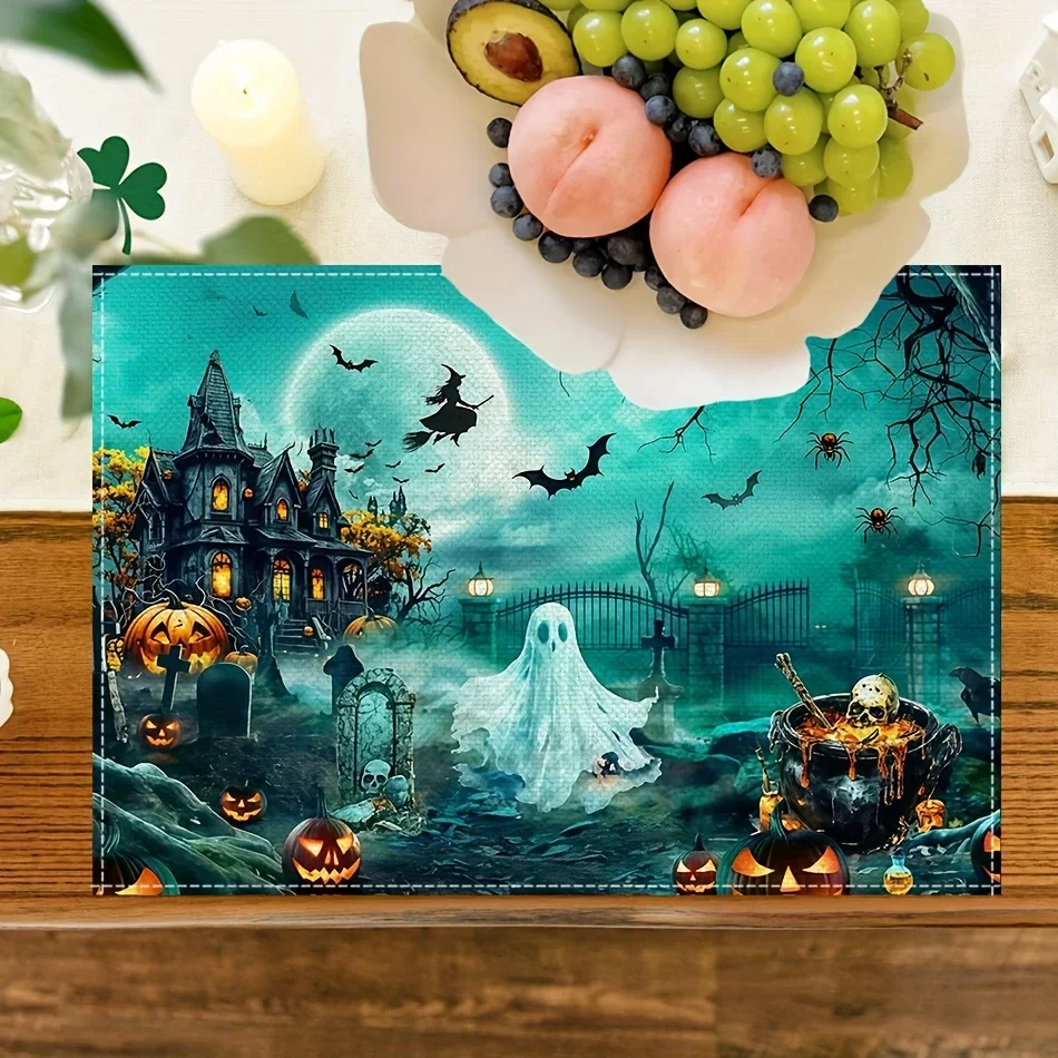 4pcs Halloween Placemats with Witch Pumpkin Table Mat Spooky Haunted House Table Decor Place Mat  Home Kitchen Dining Party