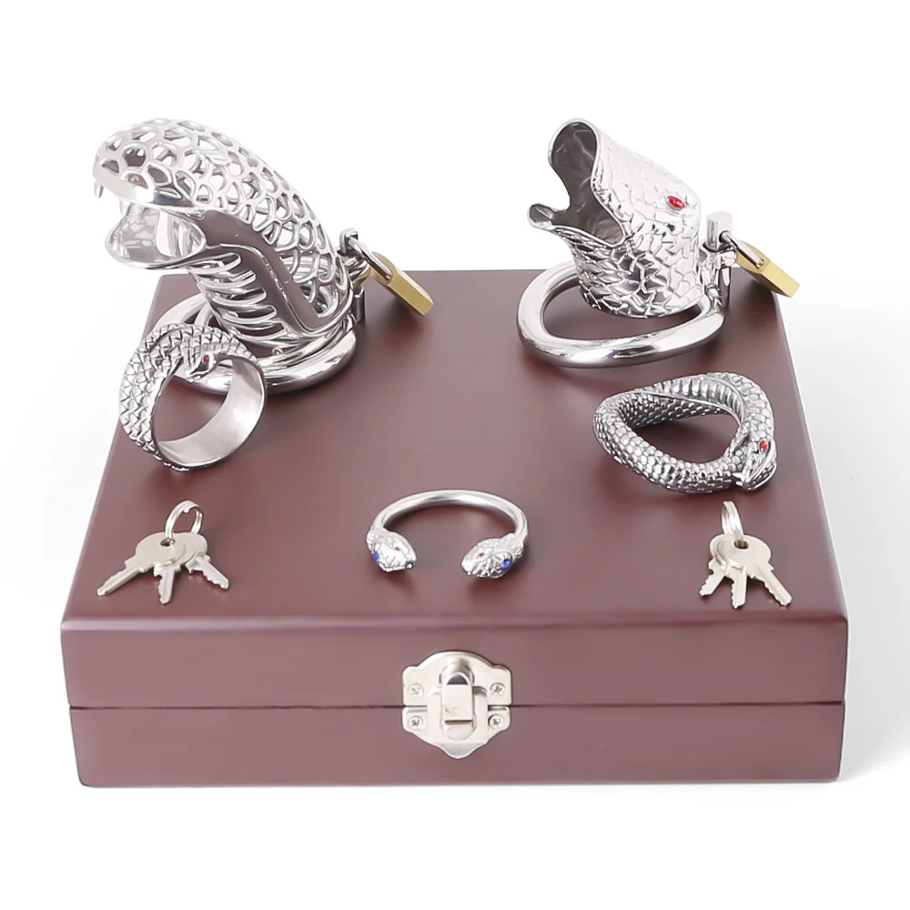 

Stainless Steel Cobra Chastity Device Set Cock Cage Penis Ring Snake Glans Ring Kit with Wooden Box BDSM fetish Sex Toy