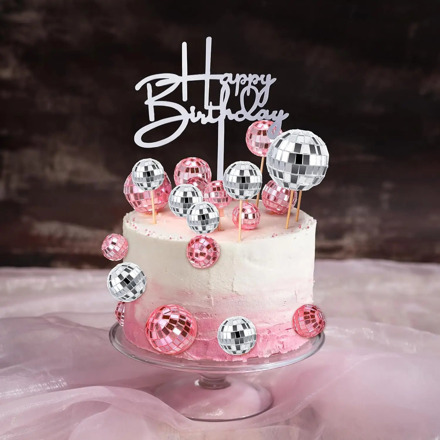 Discokugel-Kuchendekoration Rosa Silberne Spiegelkugel-Kuchendekoration für Disco 80er Jahre Themenparty Geburtstag Hochzeit Cupcake-Topper – Detail 38