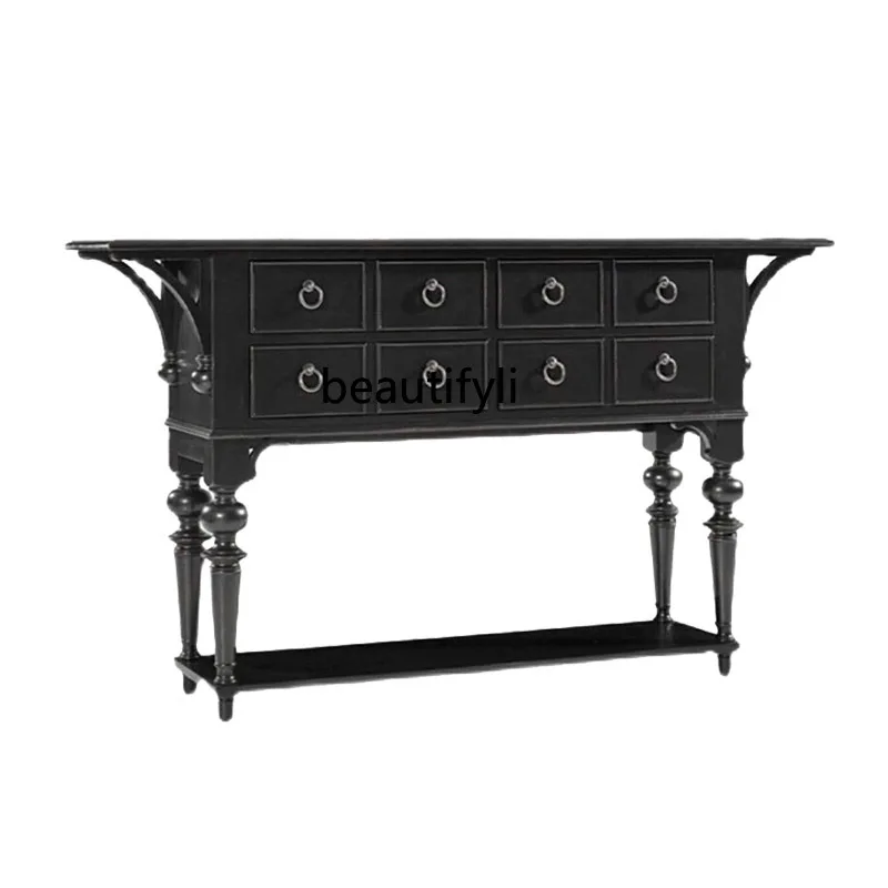 

French Retro Black Entrance Cabinet Chest of Drawers Entry Door Hall Cabinet American Light Luxury Solid Wood Living Room