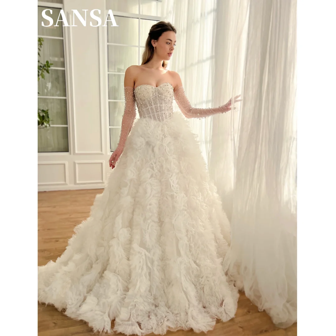 Sansa Luxury Princess فساتين السهرة  White Lace A-line Tulle Vestidos De Noche Elegant Sleeveless Court Train Prom Dresses 2024