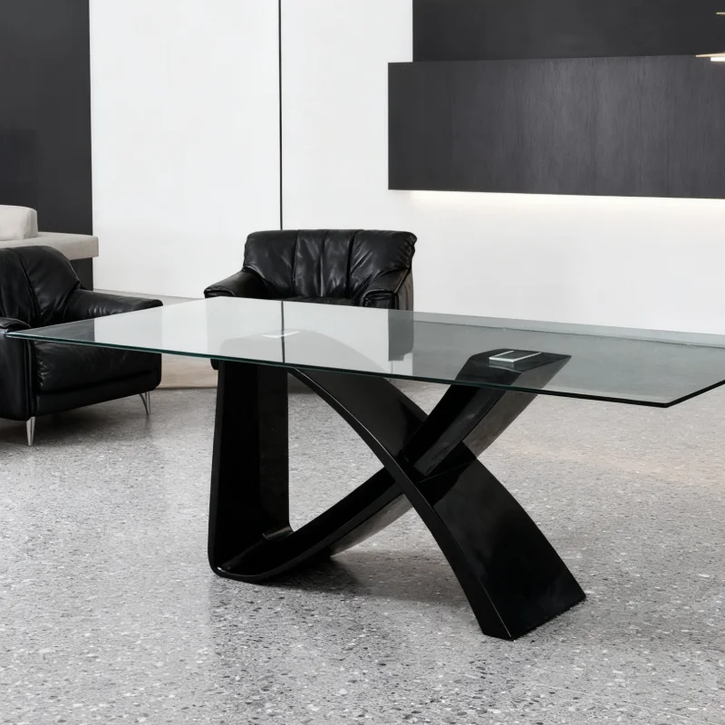 ⁕rModern FRP Dining Table Square Glass Dining Table with X Shaped Black FRP Base Stylish Sturdy for Luxurious Living Room