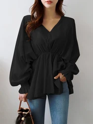 Stylish Ruffles OL Blouse Autumn Women Tops 2024 ZANZEA Elegant V Neck Long Flare Sleeve Shirt Fashion Solid Pleated Work Blusas