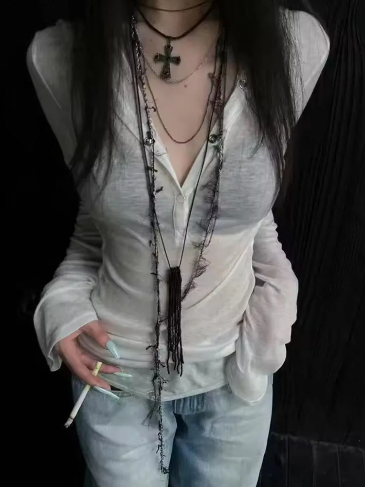Seeslim Hooded T Shirt Women Clothes Long Sleeve See Through Slim 2000s Clothes Y2k Tees Female Clothing Chic Spring Tops Korean image 5