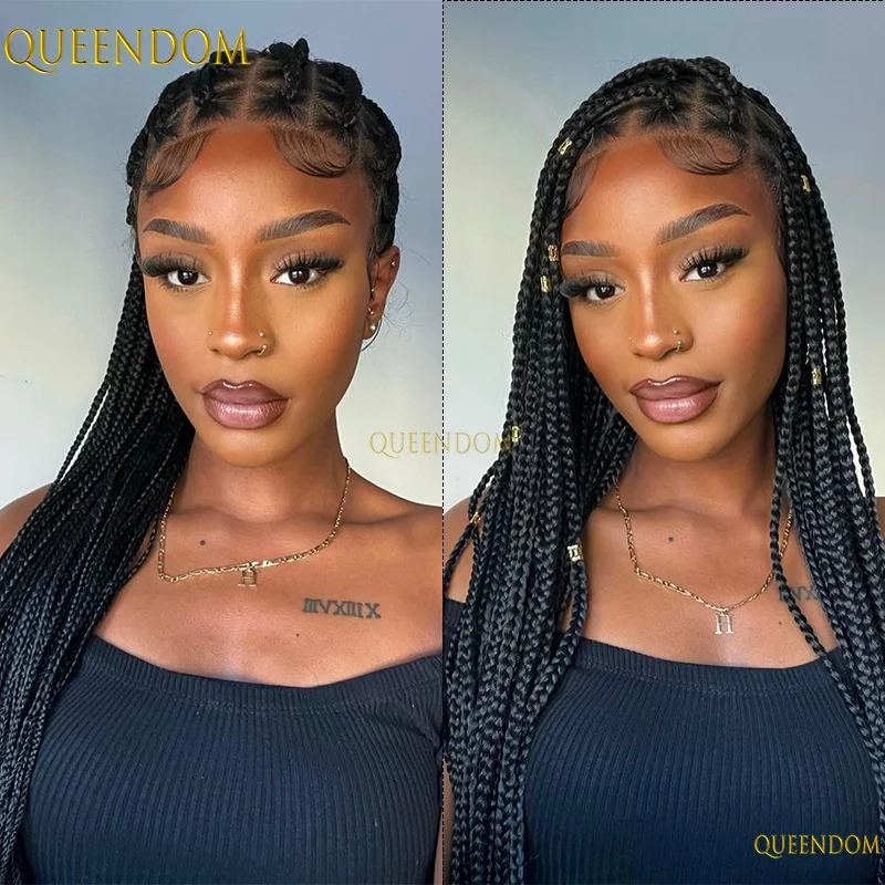 36 "الاصطناعية كامل الدانتيل الجبهة الباروكات مع شعر الطفل Knotless صندوق Cornrows شعر مستعار مضفر للنساء السود الضفائر شعر مستعار أفريقي