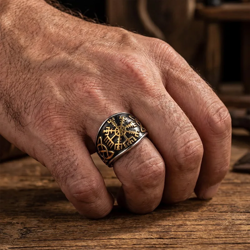 Never Fade Gold Color Viking Trident Rune Rings Men Stainless Steel Norse Mythology Valknut Amulet Finger Ring Male Jewelry Gift