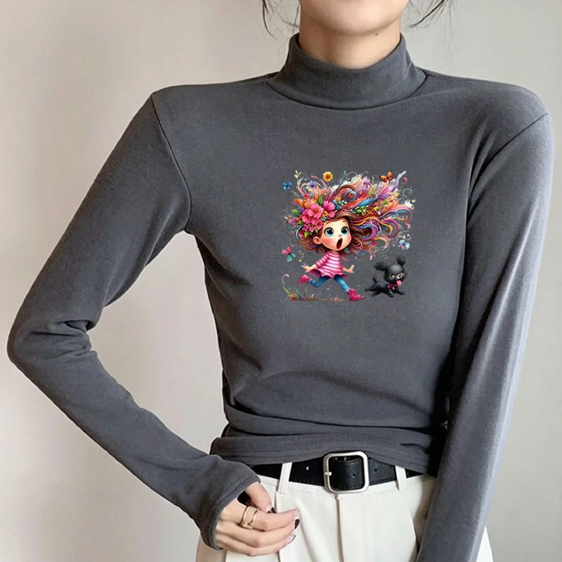 2026 New Autumn Winter Thermal Brushed Fleece Long Sleeve Graphic Print T shirt Blouses Female Warm Shirt Women Top