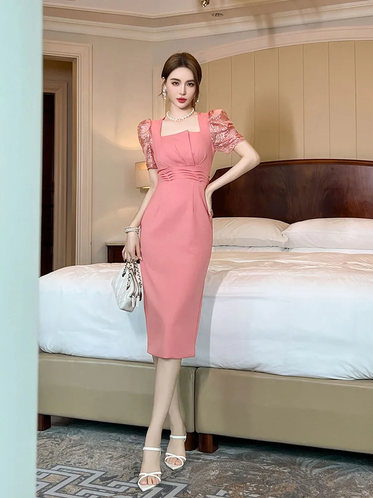 

Coigarsam Women's Dress Summer New Office Lady French Style Solid Puff Sleeve Zipper Square Collar Folds Sequins Dresses