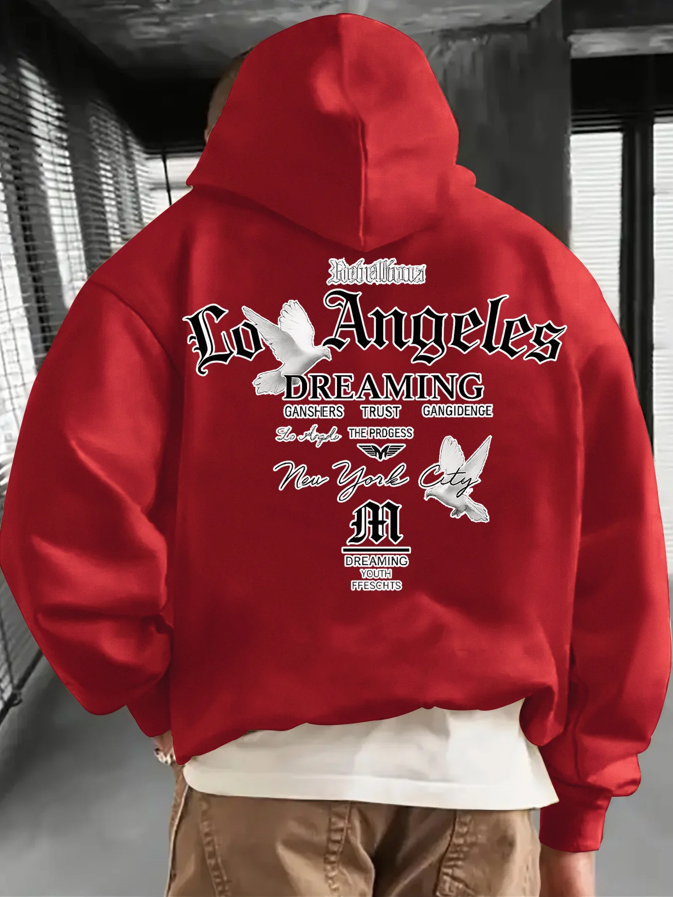 Los Angeles English Pigeon Creative Print Men Hooded Sweatshirt Autumn and Winter Daily Outdoor Sports Leisure Warm Street Style