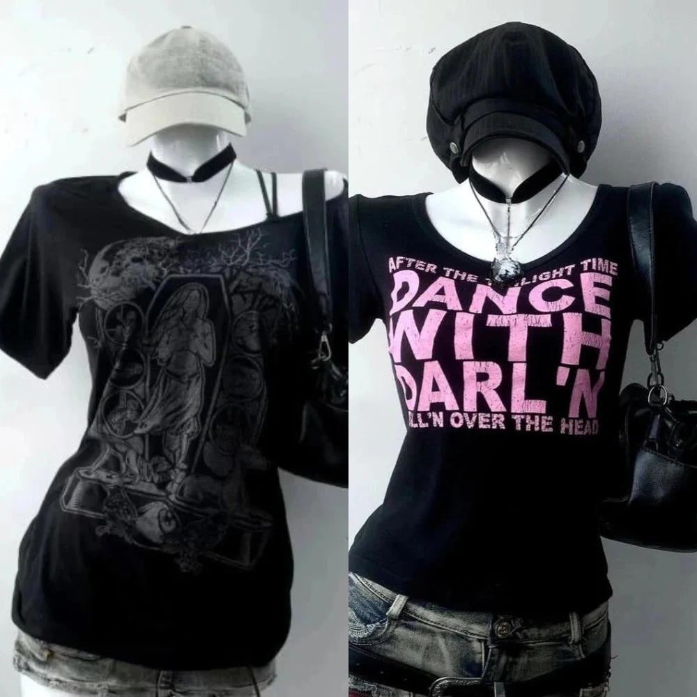

Black Gothic T-shirts Women Y2k Casual Letter Printed Blouse Outwear Harajuku Clothing Chic Elegant Design Tees Chic Outwear