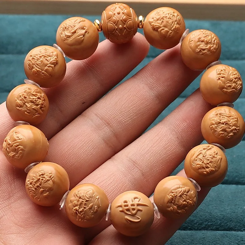 Wild Monkey Head Peach Pit Carved Handmade Landscape Lotus Free Maitreya Bracelet Short Round Relief Men Collectables-Autograph