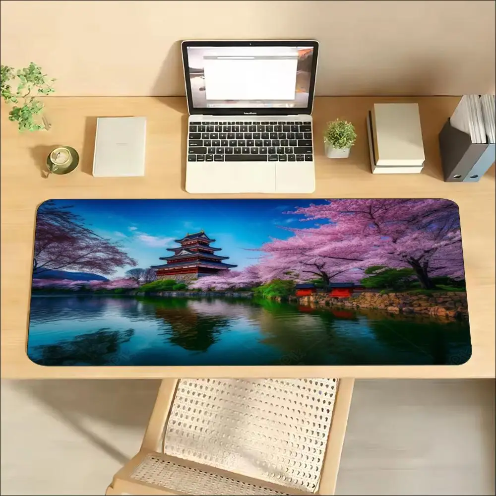 Japanese Sakura Five Story Pagoda Night Large Mouse Pad Non Slip Rubber Anime Desk Mat For Japanese Style Office Workspace