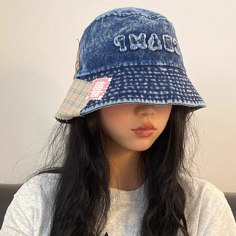 

Niche Korean Version of Denim Sticker Bucket Hat Spring and Autumn Men and Women Literary Versatile Trend Personalized Sun Cap