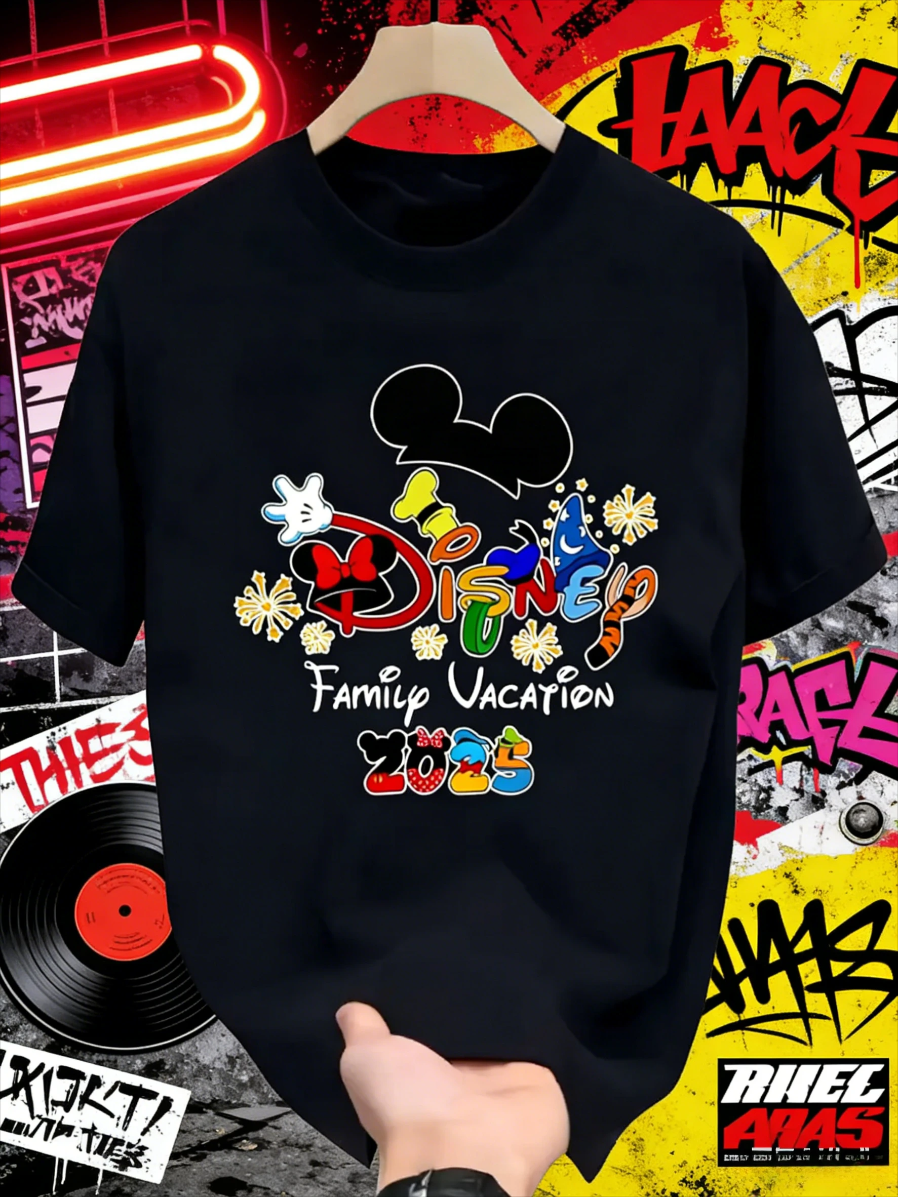 Disney Mickey and Minnie Holiday 100% Pure Cotton Printed T-shirts for Men and Women, Casual Street Summer Short-sleeved Tops