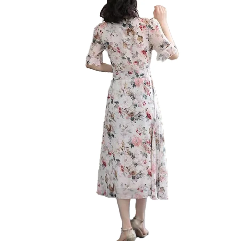 Requintado vestido estampado com renda em gola redonda, barriga cobrindo cintura, vestido casual de férias, temperamento elegante, moda verão, novo, 2023