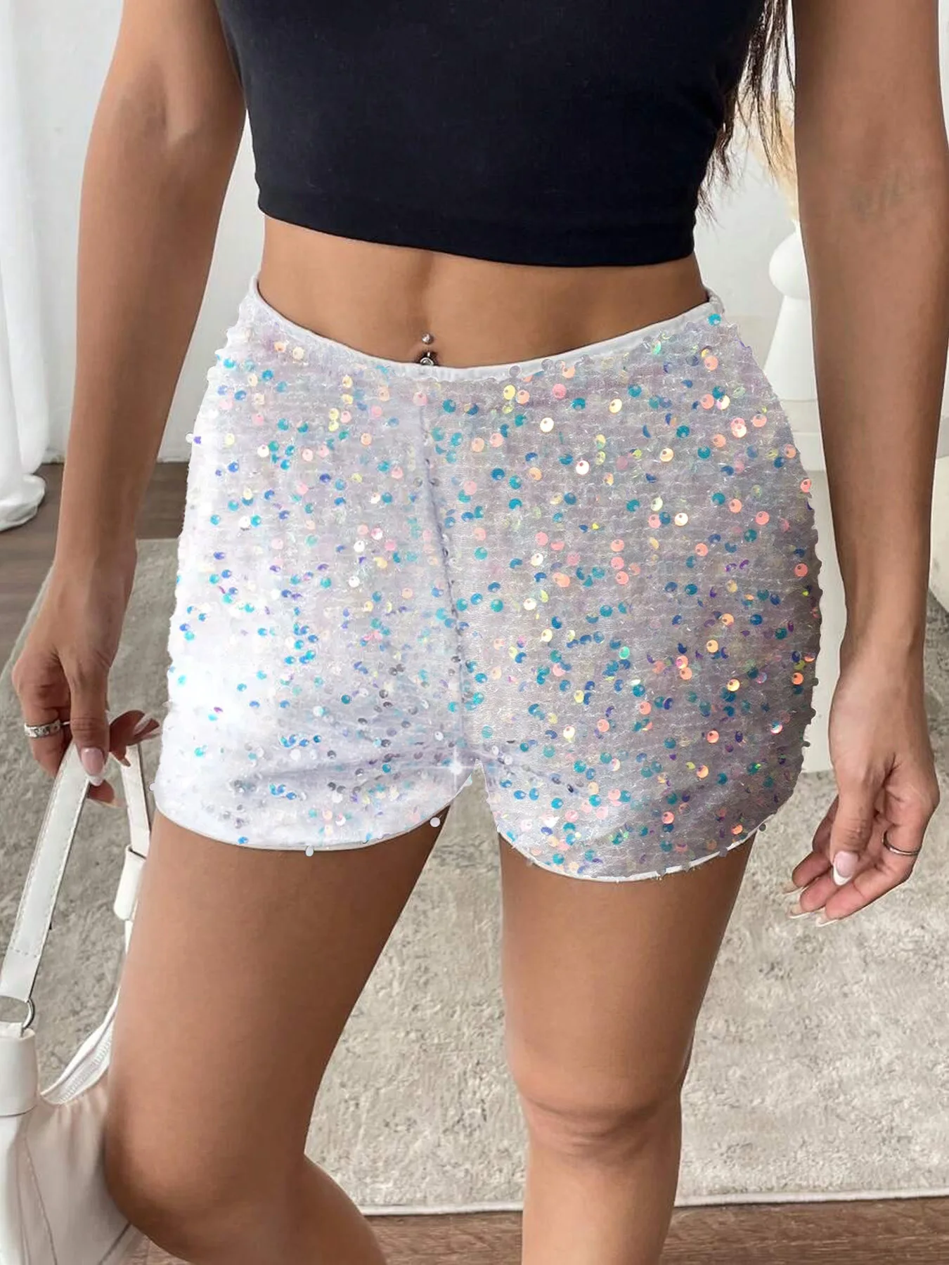 Women Sequins Black Low Rise Shorts Y2K Sexy Skinny Mini Shorts Summer Fashion Party Clubwear Costume Bottoms
