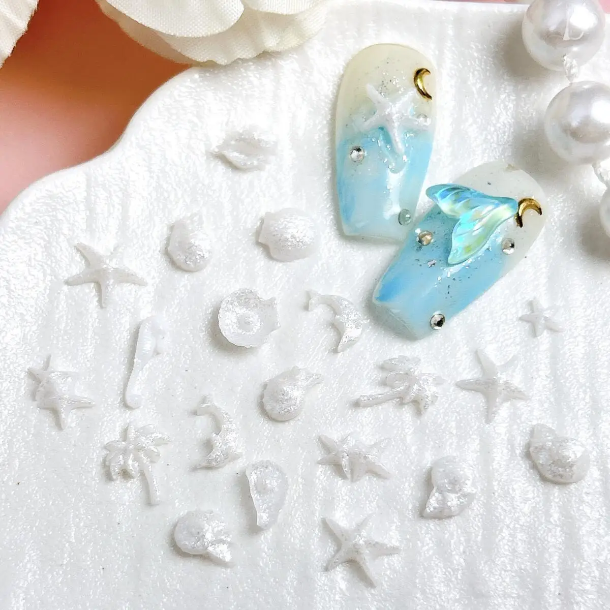 ドリーミーブルーホワイトシェルフィッシュテールレジンネイルチャーム3DファインスパークリングドルフィンスターフィッシュオーシャンシリーズネイルアートデコレーションDIY用