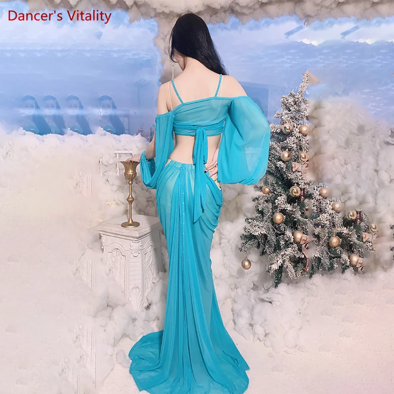 Belly Dance Practice Clothes for Women Belly Dancing Palace Style Long Sleeves Top+skirt 2pcs Female Oriental Performance Outfit