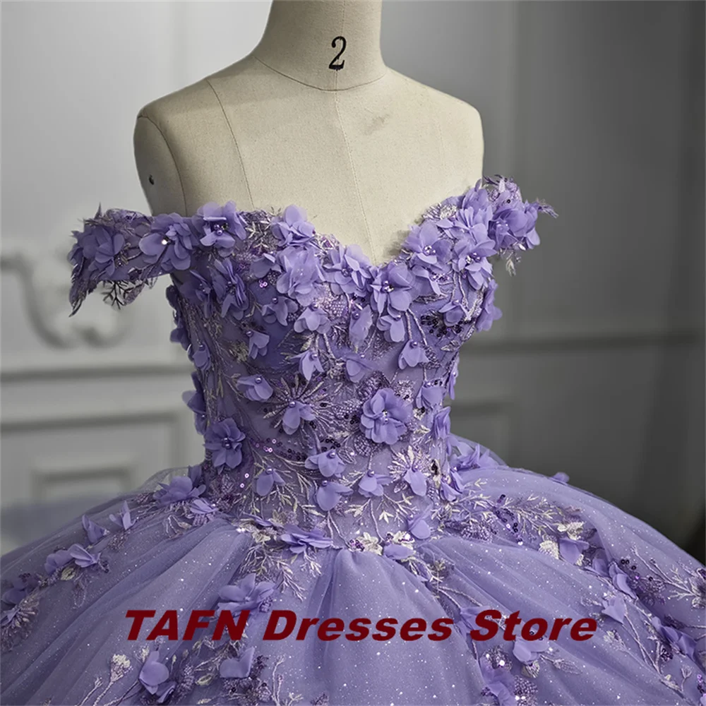 TAFN-vestido de quinceañera con hombros descubiertos, traje de baile con apliques florales, cola de la capilla, de lujo, color violeta, 15 años