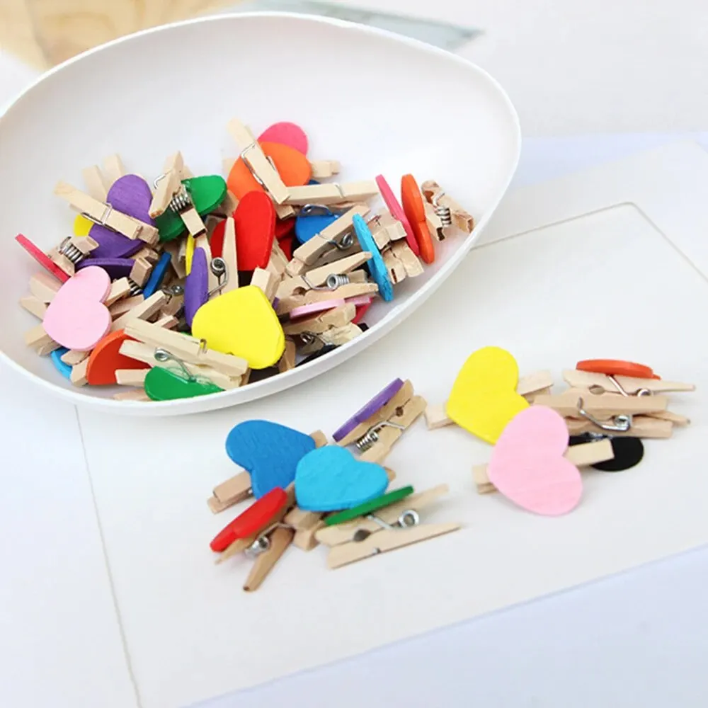 50pcs 3cm Mini Photo Clip Colorful Heart-Shaped Small Wooden Clip Creative Clip Photo Home Decoration Cartoon Handicraft