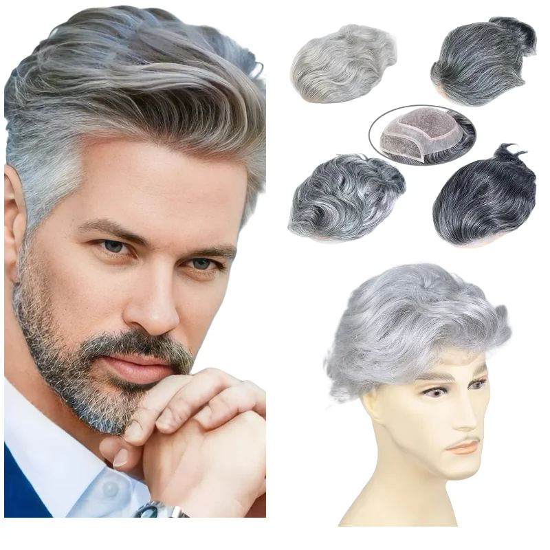 

Мужской парик с седыми волосами, человеческие волосы, моно-основа, 8x10 дюймов, кружево с дышащим однотонным верхом из искусственной кожи, цвета 1B90 # 4 4T613