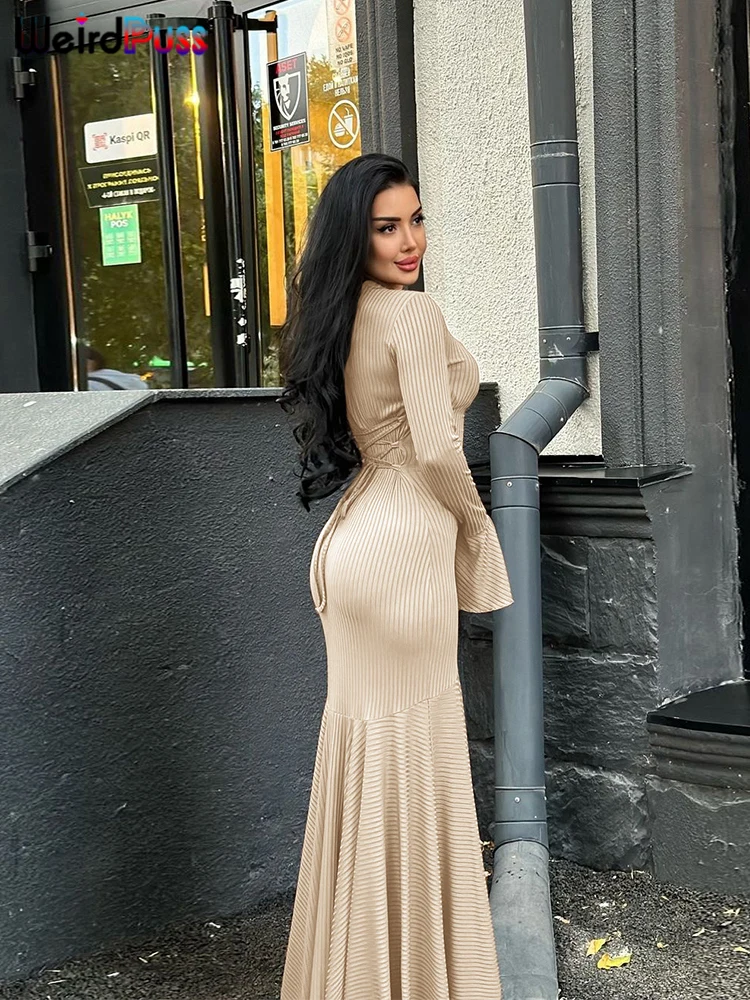 Vestido elegante acanalado con diseño de gato extraño para mujer, cuello redondo, manga acampanada lisa, dobladillo con volantes y cordones, tendencia urbana, ceñido largo clásico elástico