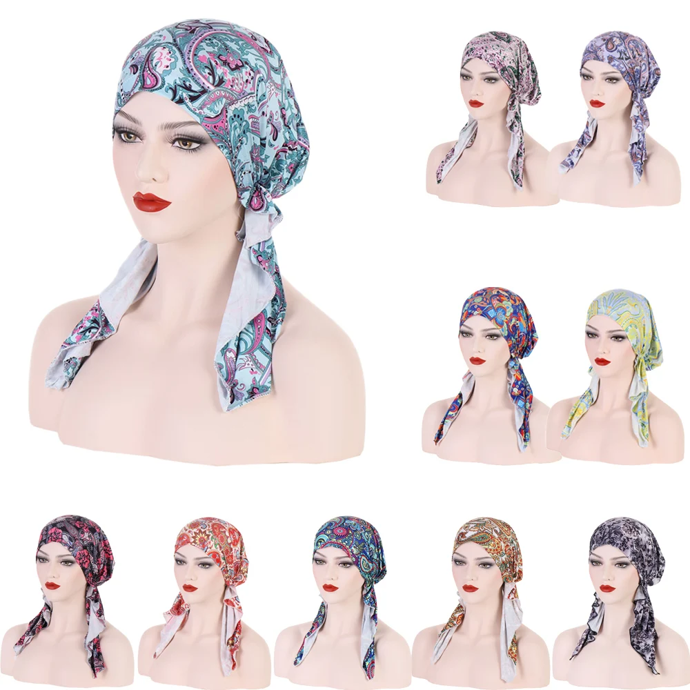 

Womens Pre-Tied Hijab Flower Print Hat Turban Chemo Caps Cover Hair Loss Bonnet Beanies Head Scarf Wrap Headwear Stretch Bandana