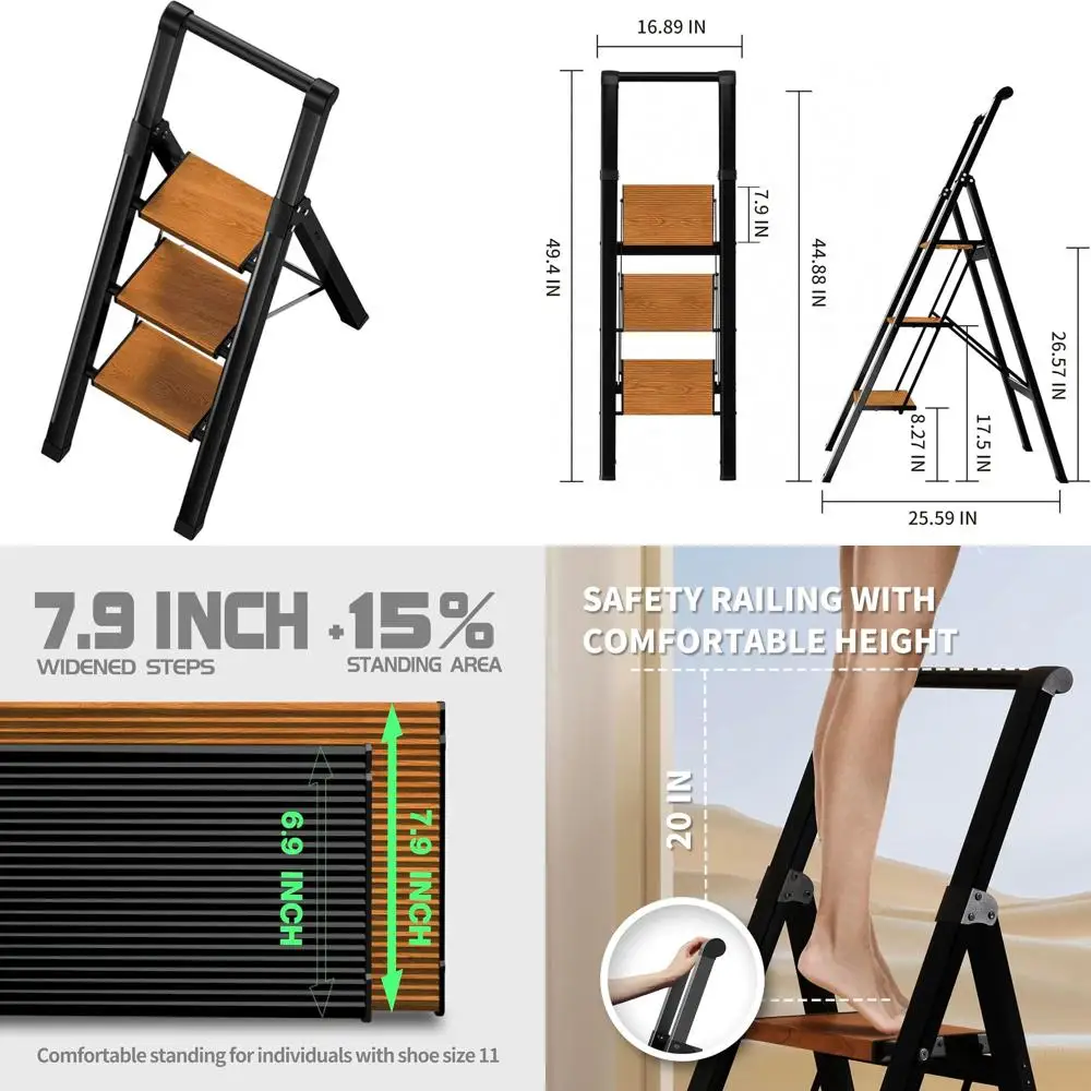

Прочная 3-ступенчатая лестница с широкими ступенями и ручкой-поручнем – грузоподъемность 150 кг для дома и офиса (черный и под дерево)