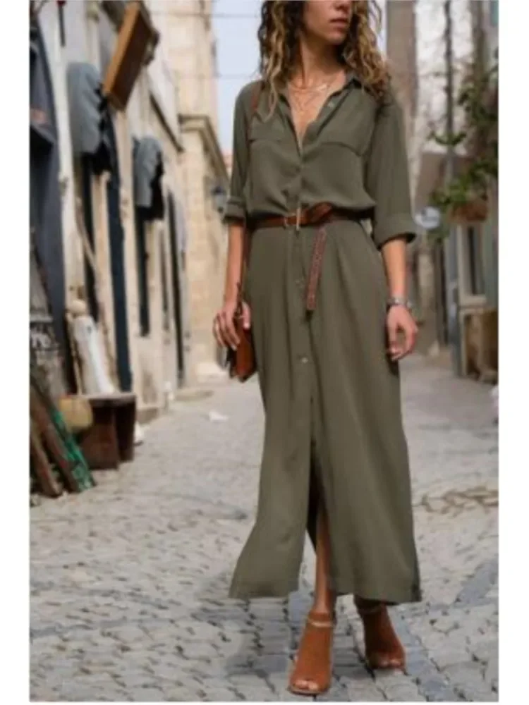 الربيع الصيف التلبيب بأكمام طويلة واحدة الصدر الشق منتصف طول فستان المرأة حزام الموضة بلون فضفاض فساتين قميص الإناث