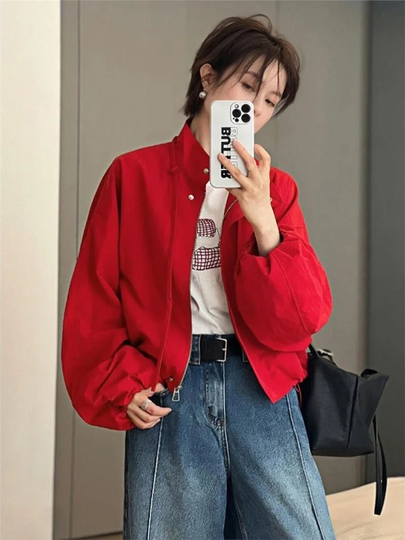 

Red Short Puffer Jacket Women's Spring Autumn 2026 New Small Size Baseball Style Stand Collar Casual Top European Style
