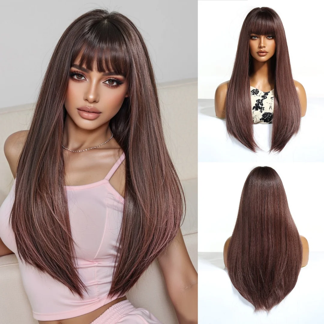 

EASIHAIR Long Dark purple Straight Synthetic Wigs with Bangs Cosplay Party Lolita Hair Wigs for Women Natural Heat Resistant Wig