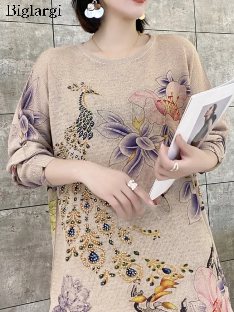 

Женский вязаный пуловер с цветочным принтом, повседневный свободный свитер с длинным рукавом, украшенный бриллиантами, осень