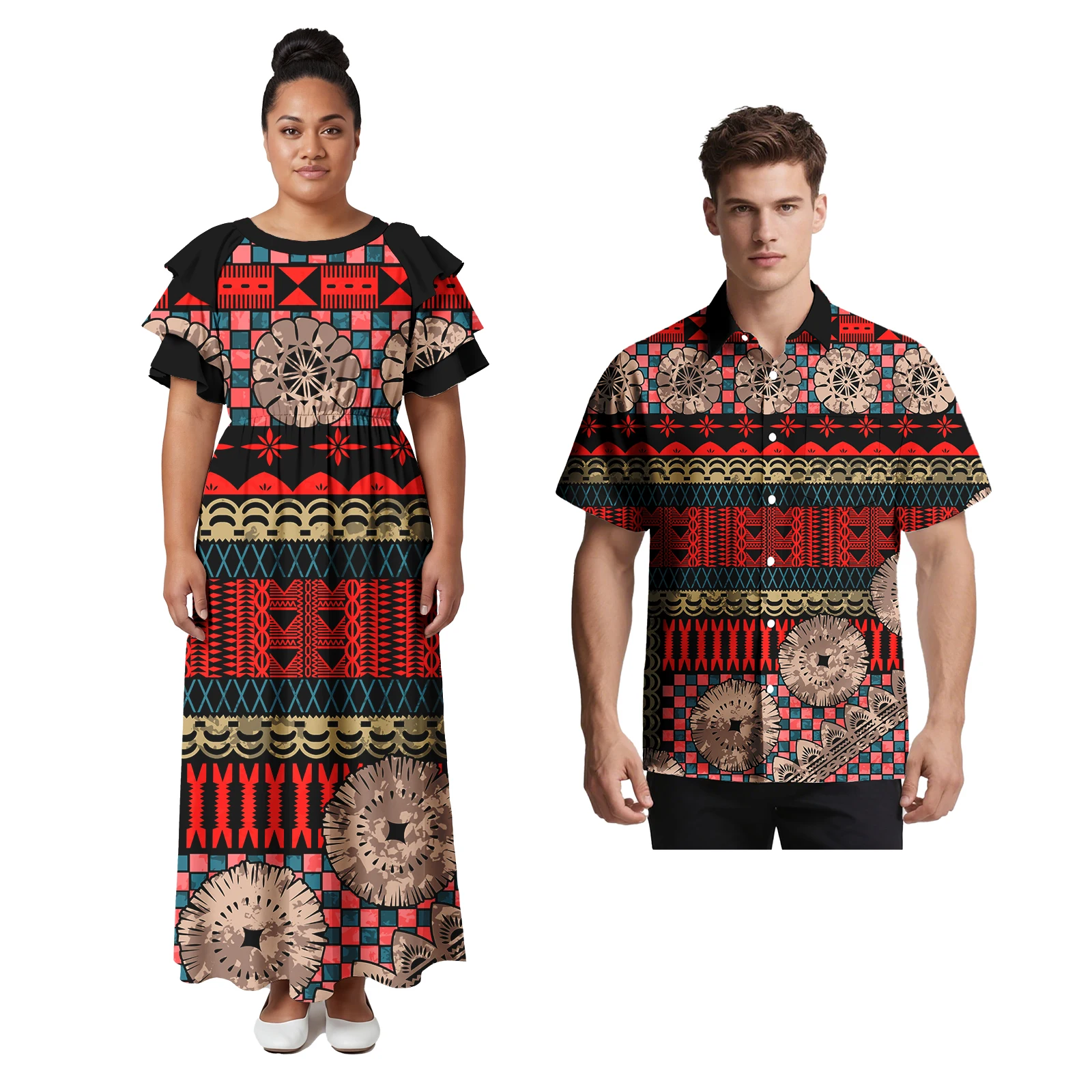 

Lover's Clothes Polynesian Island Women Petal Sleeve Dress Hawaiian Men Shirts Samoan Tribal Fiji Tribal Couple Match Outfits