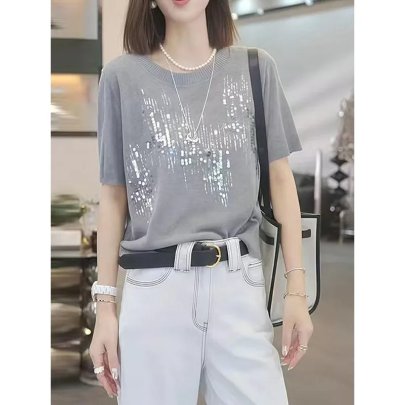 Tops T-shirts Women's Summer Korean-inspired Sequin Round Neck Knitwear New Comfortable Minimalist Fashionable Niche Luxurious