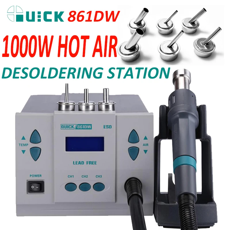 Original QUICK 861DW 1000W heat gun lead free hot air soldering station microcomputer temperature Rework Station+7nozzle