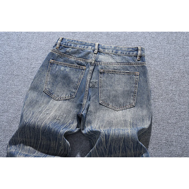 

Fashionable printed design Korean style trendy jeans for men's street fashion retro handsome loose wide leg pants