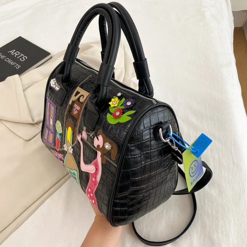 New Crocodile Print Niche Bag Fashion Embroidery Large Capacity Boston Tote Bag For Women Single Shoulder Straddle Bag