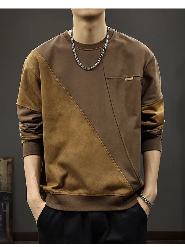 

Мужская толстовка-худи оверсайз в американском ретро-стиле с цветными вставками из замши, свободного кроя, повседневная, на осень