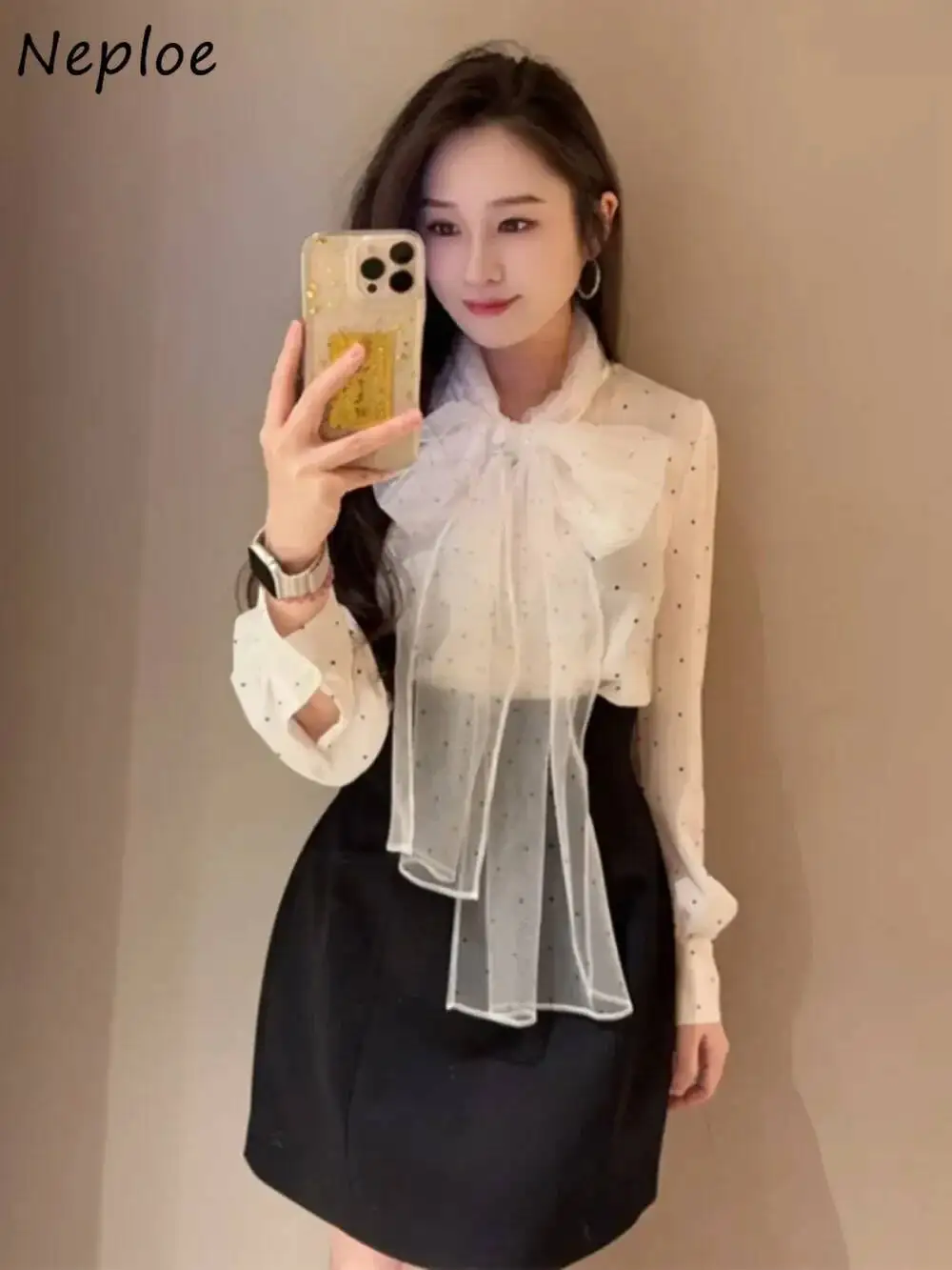 BabYoung Prachtige Verse Chiffon Trui Ropa Mujer Lantaarn Mouw Nieuwe Geavanceerde Ruches Blusa Japan Bow Lace Up Polka Dot Shirt