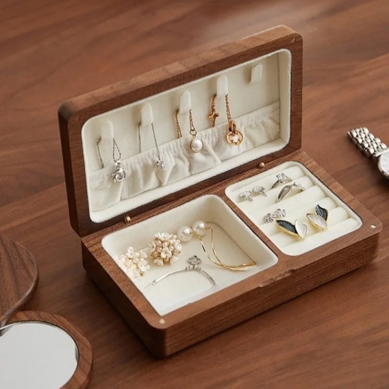 

Шкатулка для драгоценностей из цельного дерева, портативные коробки для хранения ювелирных изделий, дорожный браслет, ожерелье, чехол, брелок, упаковка, серьги, подвесные чехлы