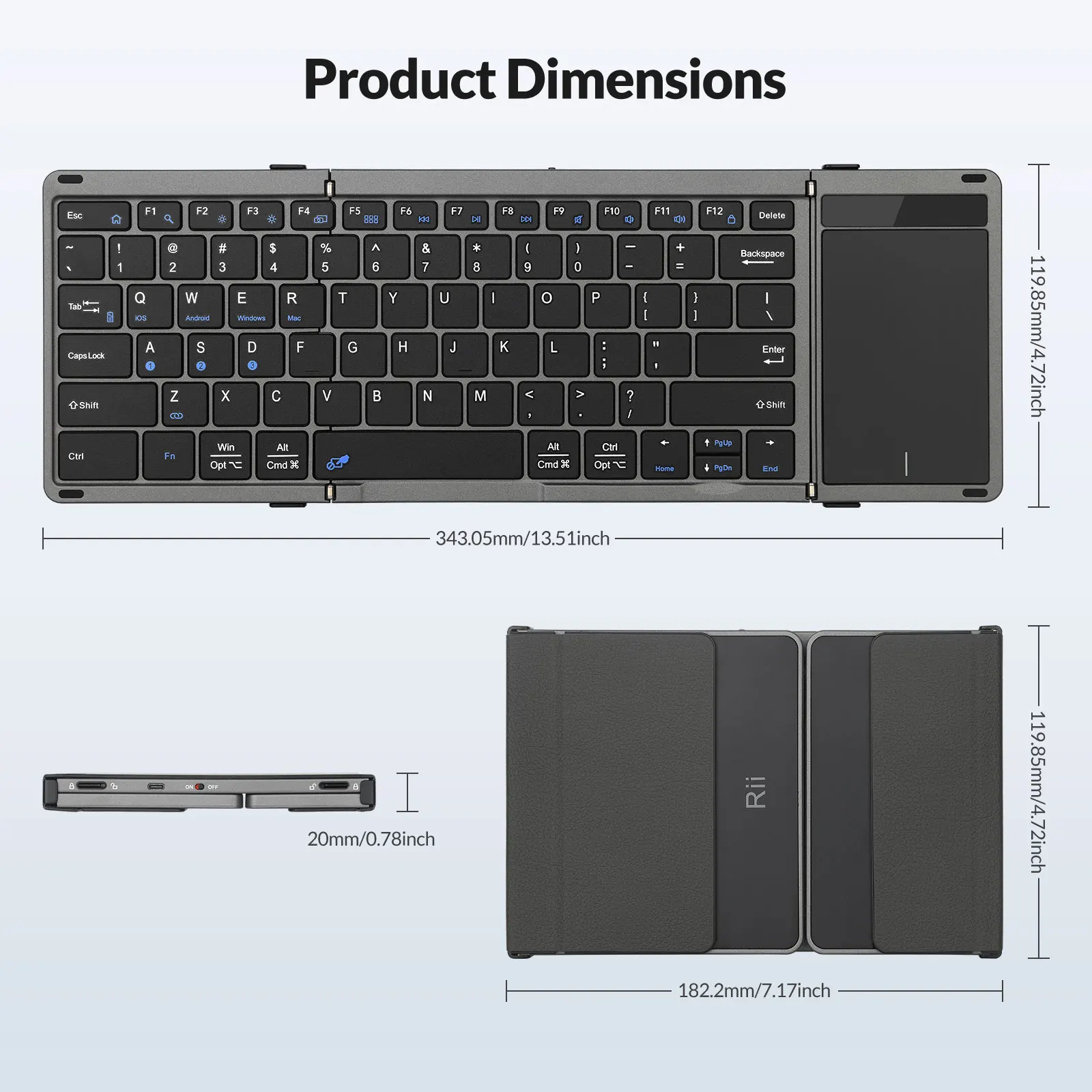 Rii RK809 Pro Foldable Keyboard with Touchpad Tri-Folding Bluetooth Keyboard Travel for iPad, iPhone, Windows, Mac & Android