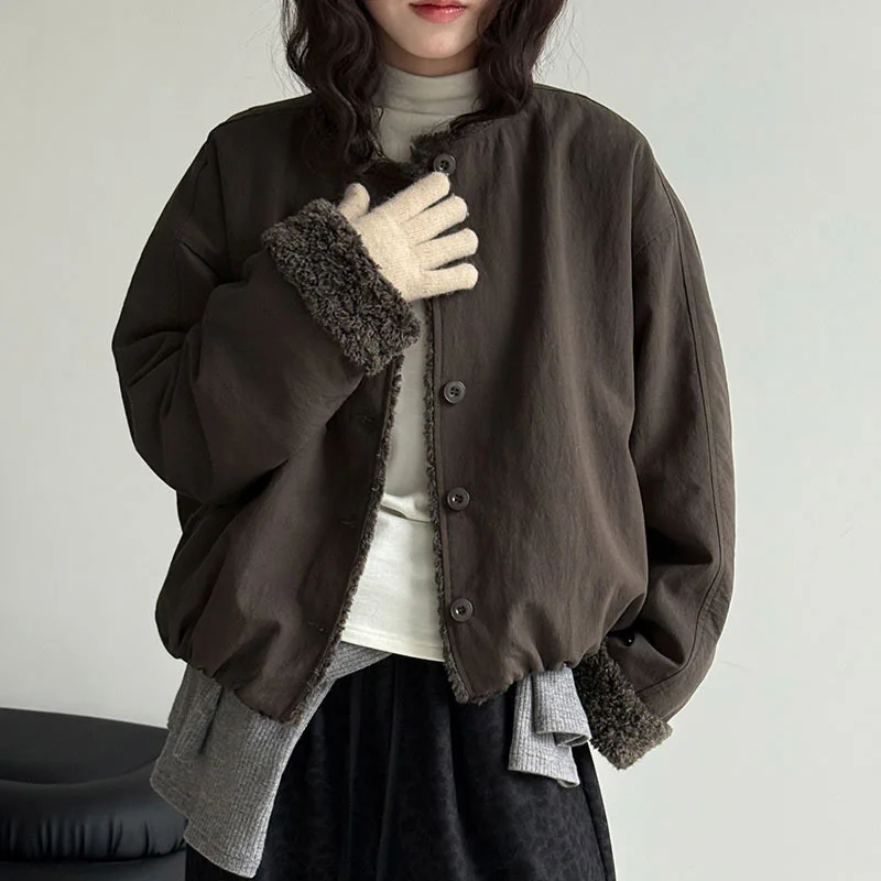 Korean Trendy Simple Lamb Wool Round Neck Warm Women's Padded Jacket Autumn Winter New Single Breasted Coats