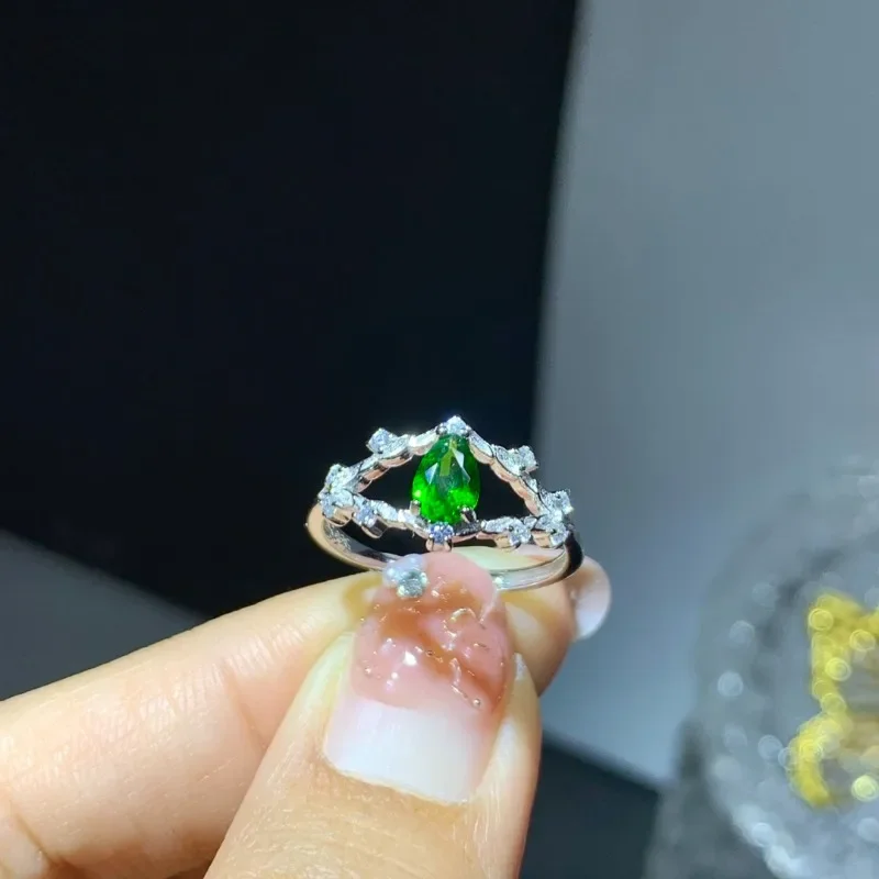 

S925 Sterling Silver Natural Diopside Ring Water Drop 4*6mm Engagement Rings for Women